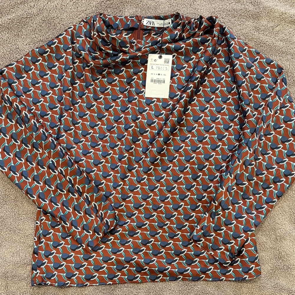 Zara Geometric Long Sleeve Top in Brown and Blue